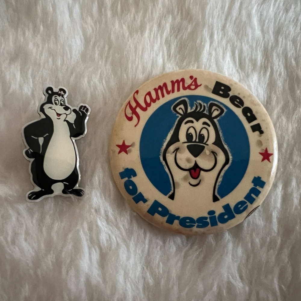 VTG Hamm’s Beer Bear Lapel Pin and Hamm’s Bear for President collectible pin